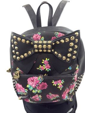 Betsy Johnson BLack Studded Bow Miniature Floral Polka Dot Backpack  Kitsch